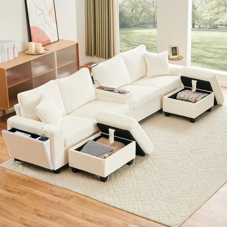 Cord-Sofa mit 2 Stauraumhockern, Leselampe, Klappkonsole, App-LED und USB-C, U-förmige Lounge-Couch mit Getränkehalter, Beige – Bild 17