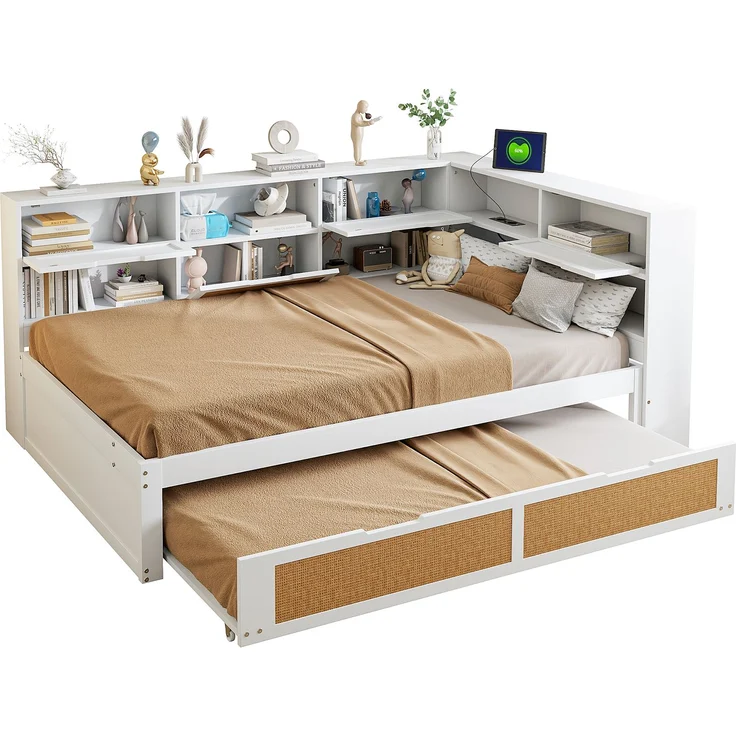 Multifunktionales Massivholz-Schlafsofa mit Ausziehbett 140x200 cm, Stauraum & USB-Anschlüssen, Gäste- & Tagesbett, Weiß – Bild 6