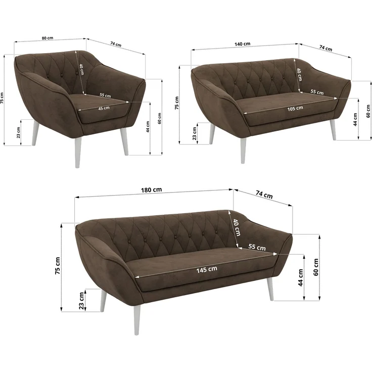 Wohnzimmerset PIRS 1-2-3, Skandinavisches Komplettset, Wellenfederung, weiße Füße, Sitzgruppe, Möbelset - Braun Velvet – Bild 5
