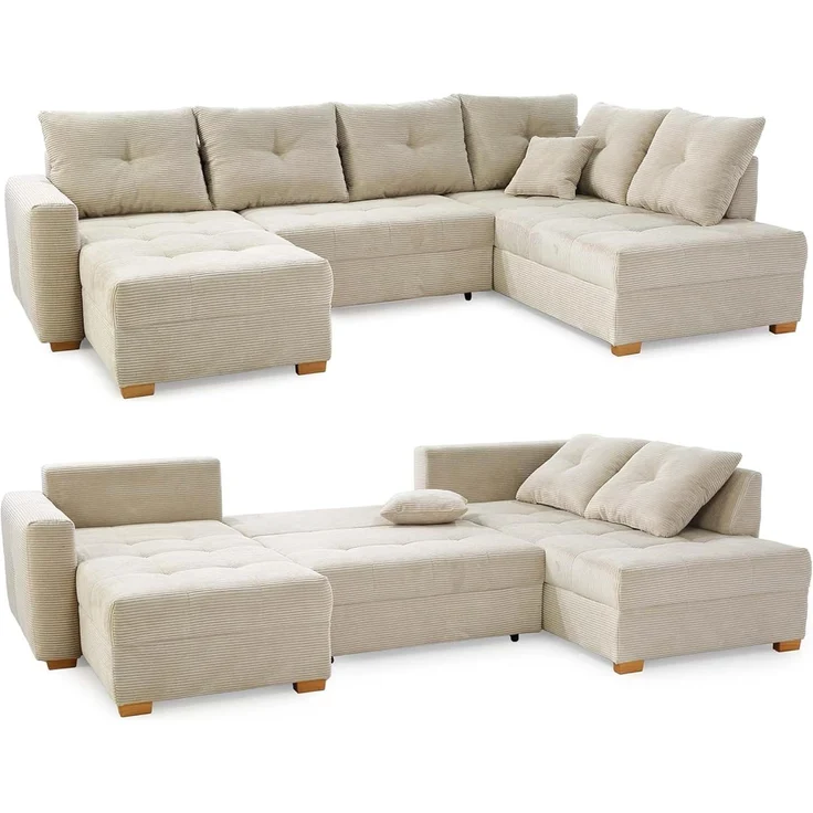 Wohnlandschaft U-Form Sofa groß Schlaffunktion Couch Bettkasten Cord Beige Grau – Bild 1