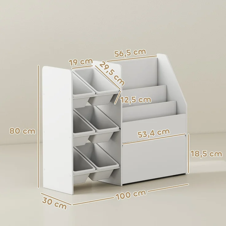 AIYAPLAY Spielzeugtruhe mit 6 herausnehmbaren Aufbewahrungsboxen, Bücherablage, rollbarer Box (Kinderregal, 1 St, Kinder-Bücherregal), mit Rädern, für Kinderzimmer, Spielzimmer, 100x30x80 cm, Weiß – Bild 3