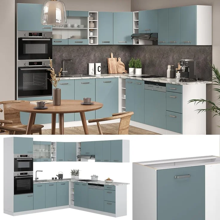 Eckküche R-Line Blau-Grau/Weiß 247 x 237 cm ohne Arbeitsplatte Vicco – Bild 4