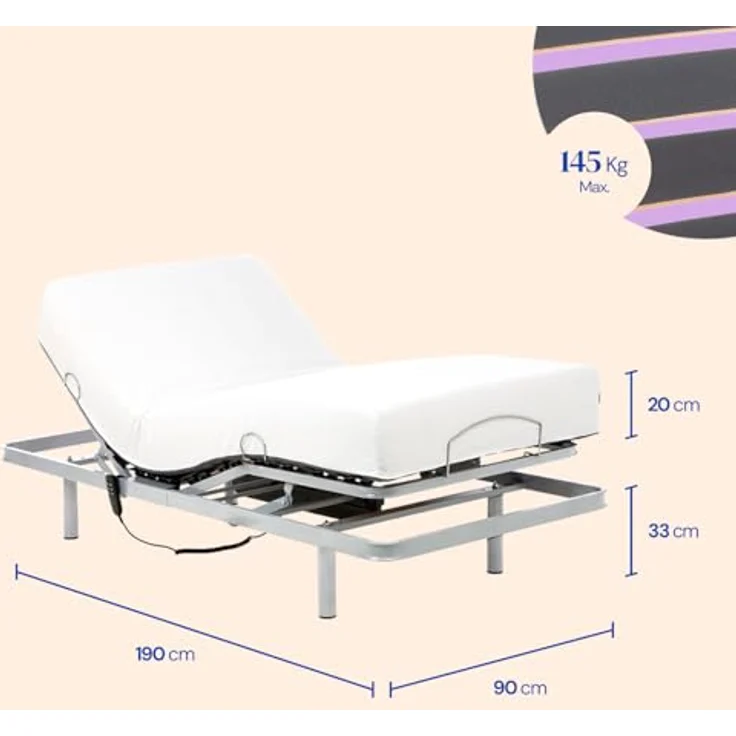 Gerialife® Elektrisches Gelenkbett, verstärkt mit viskoelastischer Matratze von 20 cm, kühles und weiches Gewebe, Doppelmotor (90x190 cm, Fernbedienung mit Kabel) – Bild 3