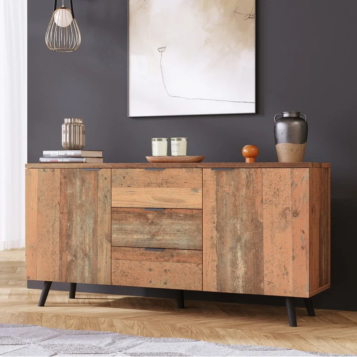 DESVIAE Sideboard mit 3 Schubladen und verstellbaren Einlegeböden, 140x70x35 cm, Spanplatte, Antikbraun – Bild 3