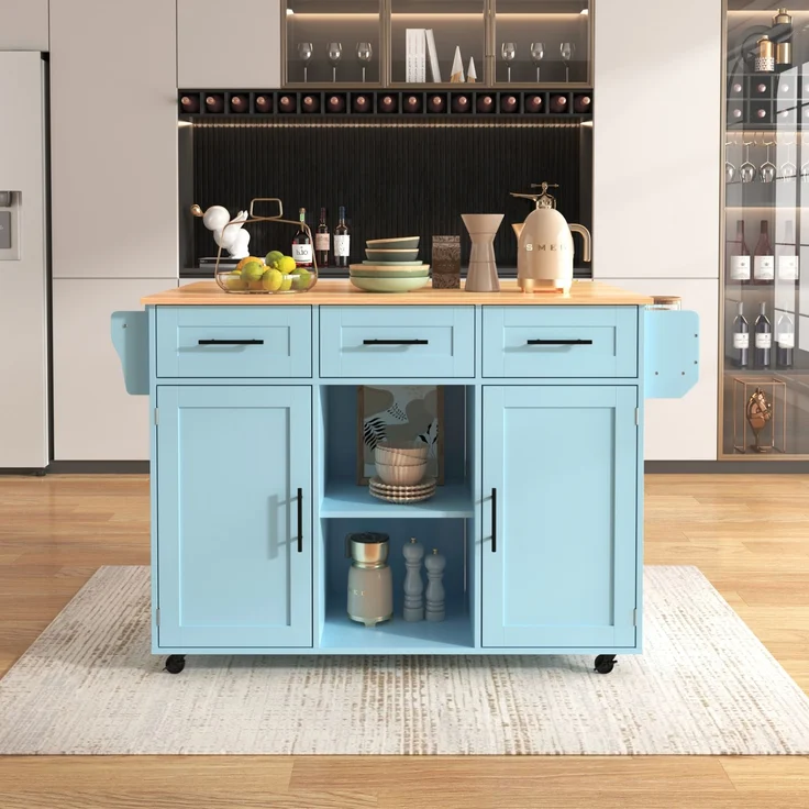 Küchenwagen 139x46(71)x91,5 cm mit klappbarer Tischplatte, Schubladen und Rollen – Blau – Bild 7
