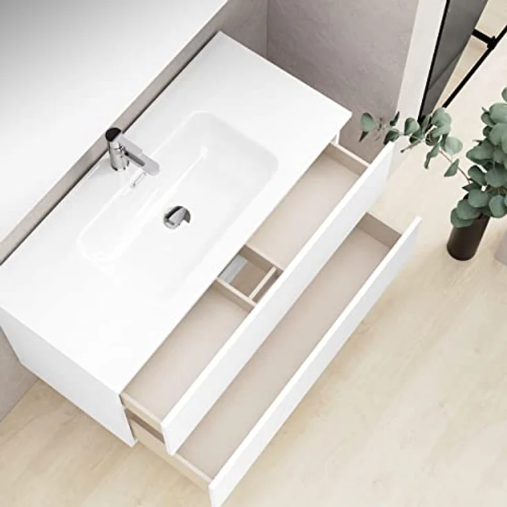 Baikal Badezimmerschrank, Zwei Schubladen, Wandmontage, mit Waschbecken, Melamin 16, montiert, Möbel 90 cm, Weiß, ohne Spiegel – Bild 5
