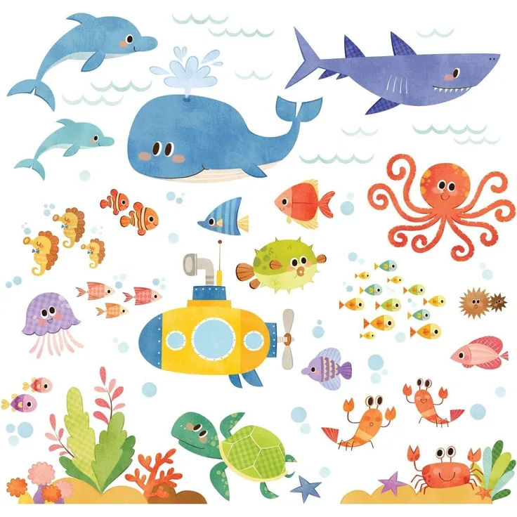 Decowall DS-8009 Abenteuer auf See Meerestiere Tiere Wandtattoo Wandsticker Wandaufkleber Wanddeko für Wohnzimmer Schlafzimmer Kinderzimmer (Englische Ver. ) (Klein)