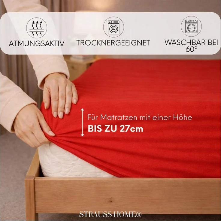 Strauss Home Spannbettlaken Premium 160 g/m² Gekämmte Baumwolle Jersey in Hotelqualität, Gummizug: Rundumgummi, OEKO-TEX®-zertifiziert - Hotelqualität – Formstabil & Langlebig – Bild 3