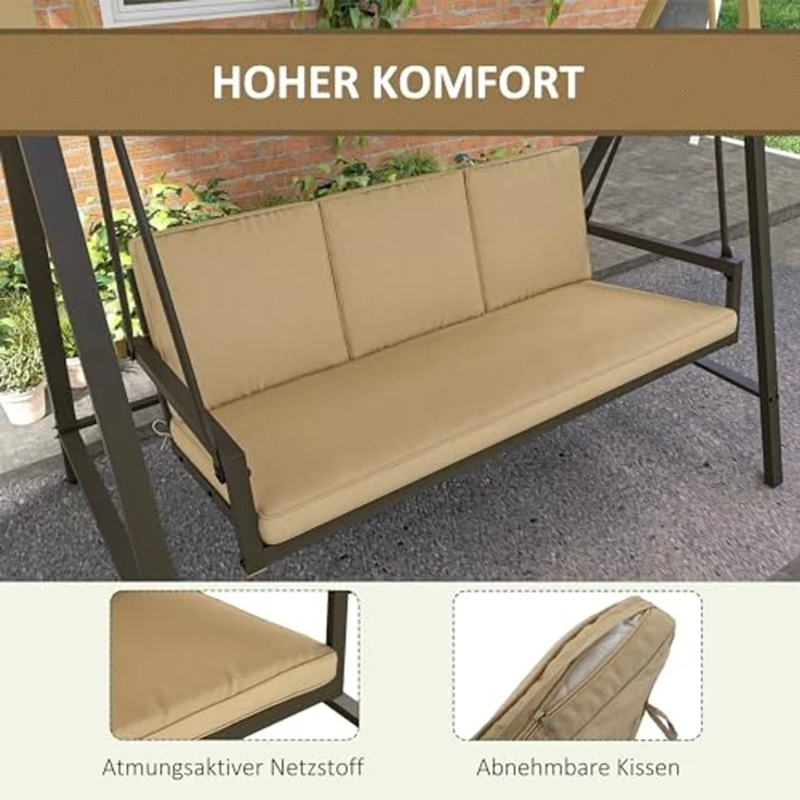 Outsunny Hollywoodschaukel Schaukelbank mit Verstellbarem Dach, Rückenkissen, 3-Sitzer, mehrfach verstellbares Dach, Gartenschaukel, 1 tlg, Schwingbank, bis 360 kg Belastbar, Beige, 200 x 125 x 175 cm – Bild 4