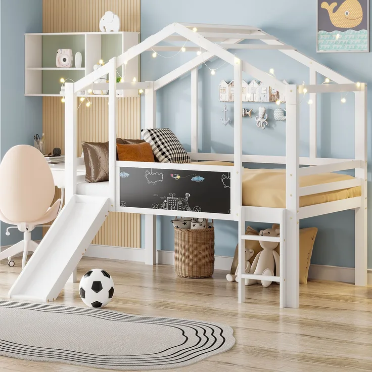 Hochbett Mit Rutsche Und Tafel 90x200 Hausdesign Massivholz Sicherheitsgeländer 120kg Tragkraft Kinderzimmer Spielbett Kreativbett