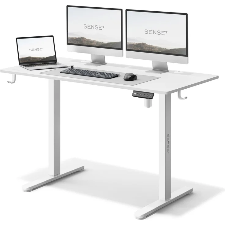 SENSE7 NOJO elektrisch höhenverstellbarer Schreibtisch 120x60 PC & Gaming Tisch mit Speicherfunktio Kabelwanne und Kopfhörerhalter Leise Höhenverstellung für deinen perfekten Stehschreibtisch Weiß