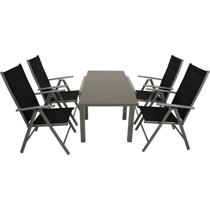 DEGAMO Garten-Essgruppe MARINA 5-teilig, 4x Klappsessel, 1x Ausziehtisch Glas 70/140x70cm, Alu silbergrau – Bild 1