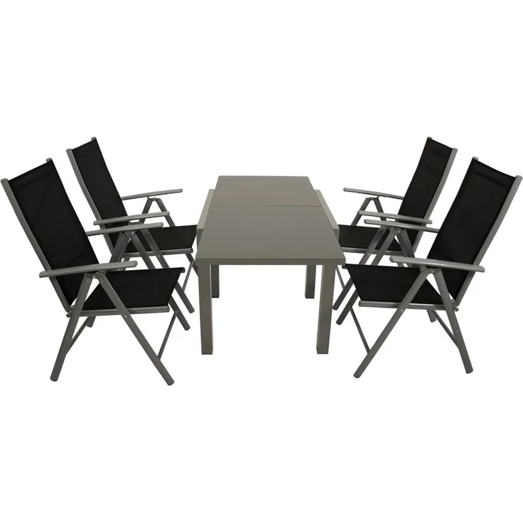 DEGAMO Garten-Essgruppe MARINA 5-teilig, 4x Klappsessel, 1x Ausziehtisch Glas 70/140x70cm, Alu silbergrau