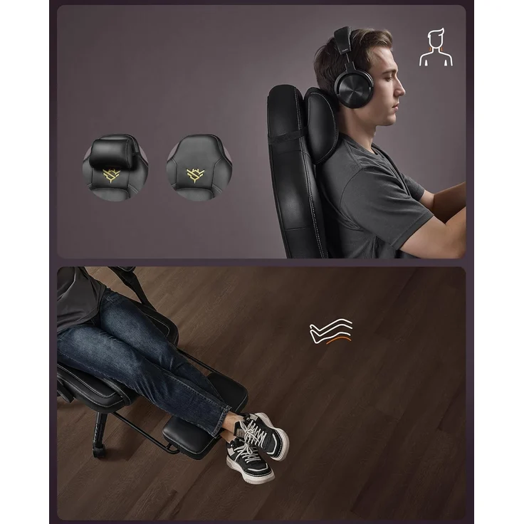SONGMICS HOME Gaming-Stuhl, ergonomischer Computerstuhl mit Fußstütze, Bürostuhl, Drehstuhl mit Kopfkissen, PU, höhenverstellbar, tintenschwarz OBG072B01 – Bild 6