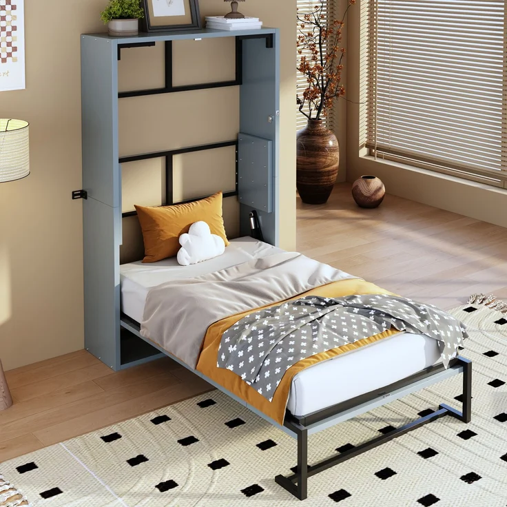 Merax Schrankbett, 90x200 cm Murphy-Bett, Metallrahmen-Wandklappbett, Faltbett Kombination aus Metallrahmen und Holzplatte, mit Verriegelbarer Wandbefestigung, Grau – Bild 6