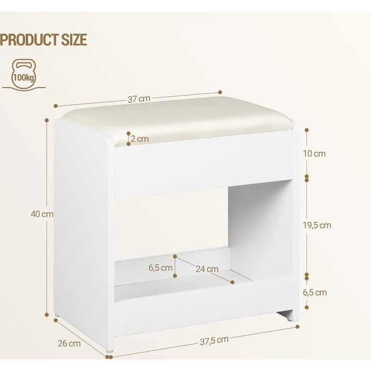 Hocker Schminktisch, Sitzhocker gepolstert, mit rutschfesten Fußpads, für Ankleidezimmer, Schlafzimmer, Eingangsbereich, Weiß, 26 x 37.5 x 40 cm – Bild 6