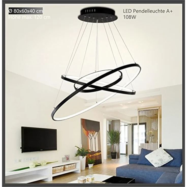 Eurotondisplay LED Pendelleuchte 2130Black, 3 Ringe 40*60*80cm, 108W mit Fernbedienung, dimmbar, schwarz – Bild 3