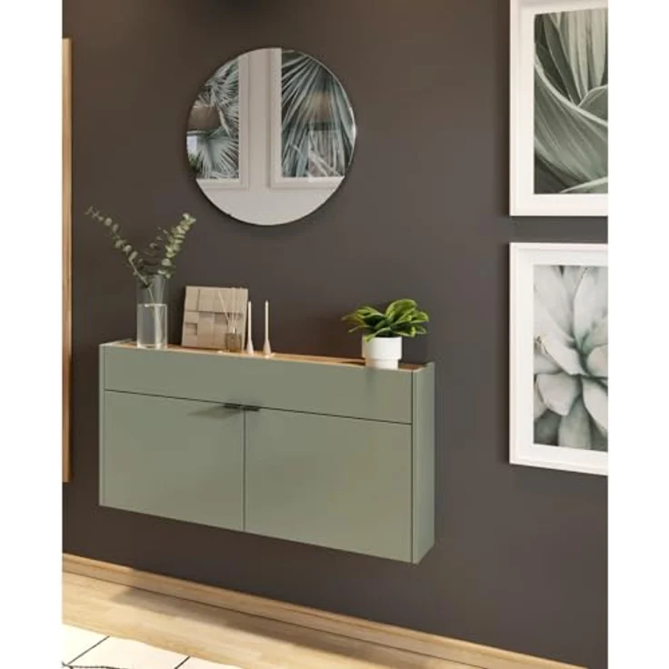 XXXL Garderobe GW-Ameca, 2-teilig in Taupegrün und Navarra-Eiche, Schuhschrank mit Mirror, 110x200x22 cm, verstellbare Böden, bis zu 12 Paar Schuhe. – Bild 2