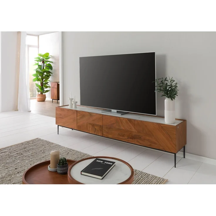 TV-Board Akazie 220 x 40 x 50 natur lackiert / Marmor weiß KARLSTAD #06 – Bild 3