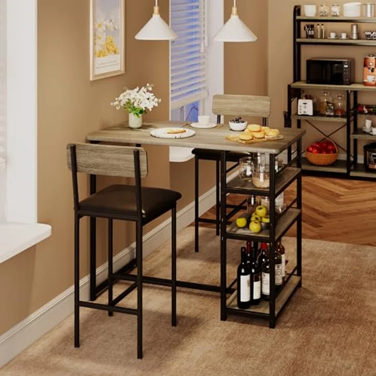 GarveeHome Bartisch Mit Barhocker Set, 2 Personen Bartisch Set Mit 3-Stufigen Ablageflächen, Platzsparende Essgruppe, Stehtisch Mit 2 Gepolsterten Stühlen Für Küche, Wohnung, Bistro, Grau – Bild 2