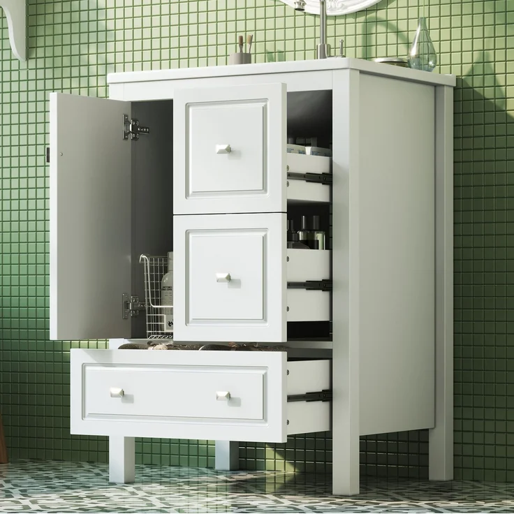 Waschtisch 62 x 47 x 90 cm mit Keramikwaschbecken und drei Schubladen, Weiß – Bild 1
