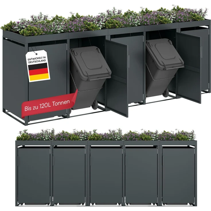 STEELSØN 'Thoria' Mülltonnenbox 5er je 120 Liter, anthrazit, Mülltonnenverkleidung aus Stahl, wetterfest, 111x62x294,5 cm, Müllbox mit Pflanzendach für 5 Tonnen – Bild 1