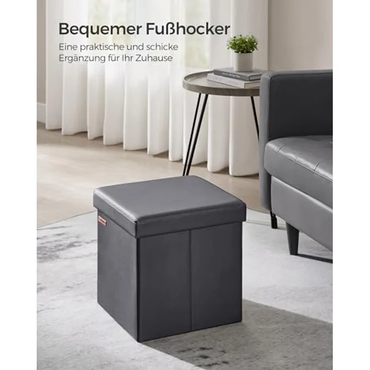 SONGMICS Sitzhocker 38 cm, Aufbewahrungsbox faltbar, Fußhocker mit Deckel, aus Kunstleder, bis 300 kg belastbar, für Eingang, Wohnzimmer, Schlafzimmer, schiefergrau LSF010G01 – Bild 5