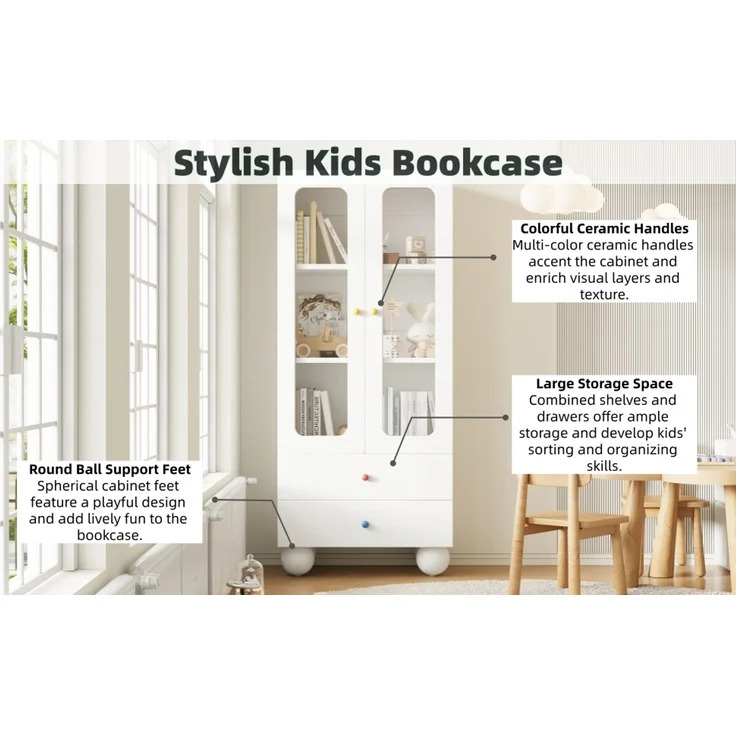 ZUBALIYA Glasvitrine, Kinder-Aufbewahrungsschrank, Bücherregal mit Schubladen, Büroschrank, Figurenvitrine, Bunte Keramikgriffe, Kugelförmige Schrankfüße,, Multifunktionsschrank, Weiß, 60 x 35 x 140 cm – Bild 16