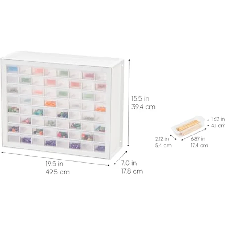 IRIS USA stapelbarer Aufbewahrungsschrank mit 64 Schubladen, 49,5 cm B x 17,8 cm T x 39,5 cm H, Weiß – Kleiner Ziegel-Organizer, Mehrzwecktruhe, Sammelalbum, Kunst, Hobby, mehrere Fächer – Bild 4