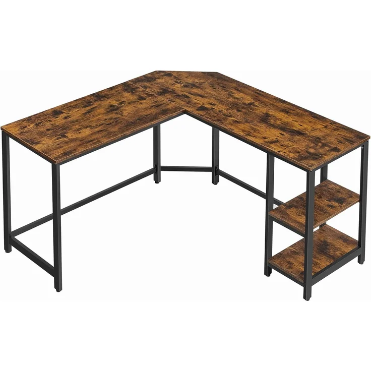 VASAGLE L-förmiger Eckschreibtisch mit 2 Ablagen, Industrie-Design, Vintagebraun/Schwarz, 138x138x76cm – Bild 1