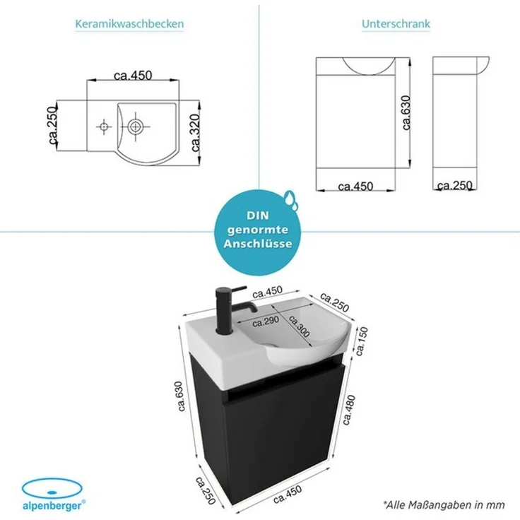 Alpenberger Badmöbel-Set Gäste WC Waschbecken mit Unterschrank - Hängeschrank Vormontiert, (Badschrank 2-tlg, Waschtisch hängend), Waschbeckenunterschrank mit Softclose - Schrank Schwarz – Bild 4