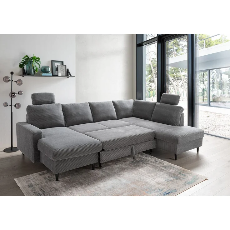 Wohnlandschaft U-Form Sofa Schlaffunktion Couch Bettkasten Cord Dunkelgrau – Bild 4