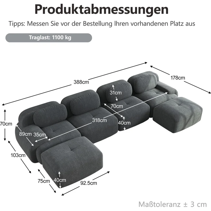 EINHOM Modulares U-Sofa ohne Montage, Rahmenloses Sofa, atmungsaktiver Cordstoff, 32D hochelastische Polsterung, extra-breite Armlehnen, haustierfreundlich und ergonomisch für Wohnzimmer und Schlafzimmer, Grey – Bild 2