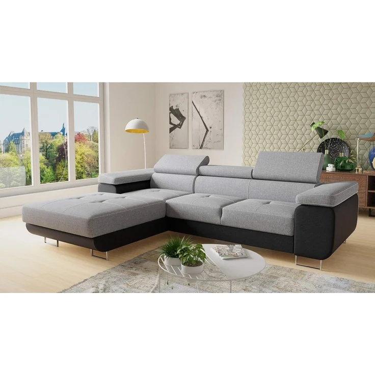 Ecksofa Divo mit Schlaffunktion, Bettkasten und einstellbare Kopfstützen (Schwarz + Grau (Soft 011 + Sawana 21), Ecksofa Links) – Bild 2