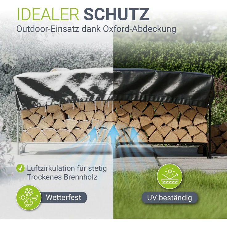 Juskys Kaminholzregal L 260x117x36 cm – Schwarz, Brennholzregal aus Stahl mit Abdeckung, Holzunterstand für Garten & Terrasse, 300 kg belastbar – Bild 3