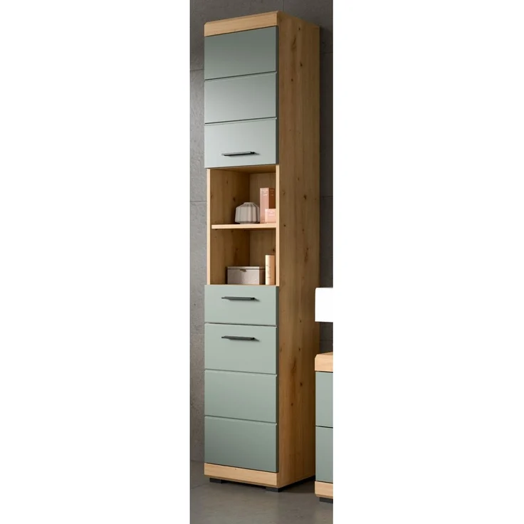 Badezimmer Hochschrank Shawn in grün und Eiche 37 x 191 cm – Bild 1