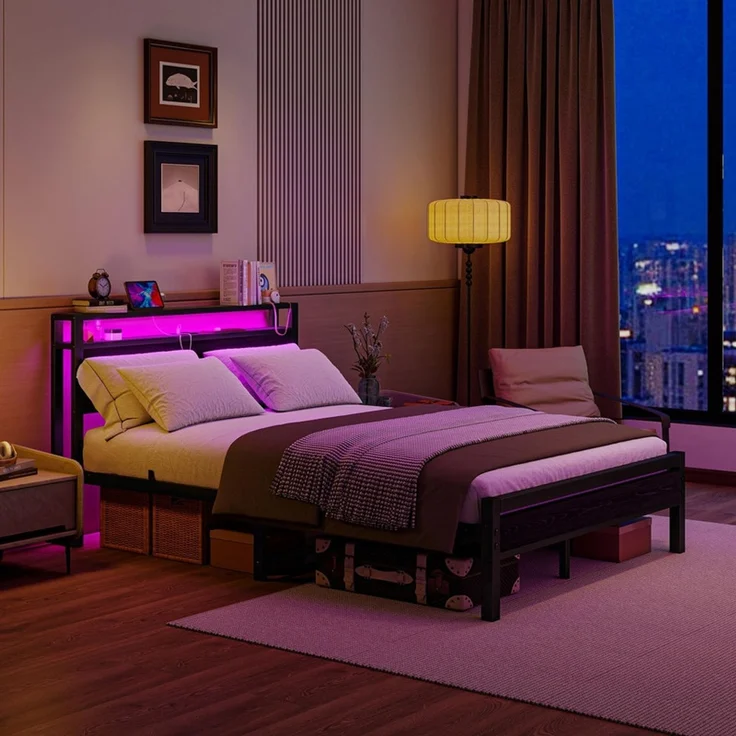 Homerecommend Metallbett 140x200 cm, Doppelbett und Jugendbett, mit LED-Beleuchtung, Steckdose und 2 USB-Anschlüssen, Vintage Schwarz – Bild 3
