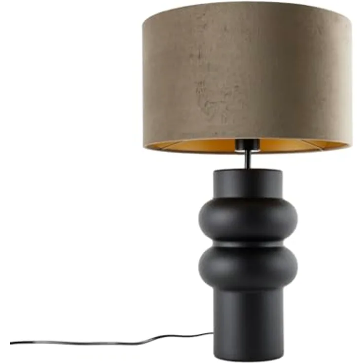 QAZQA Alisia Design Tischleuchte, schwarzer Samt-Schirm Taupe mit Gold, 35 cm, Keramik, dimmbar, E27, geeignet für LED