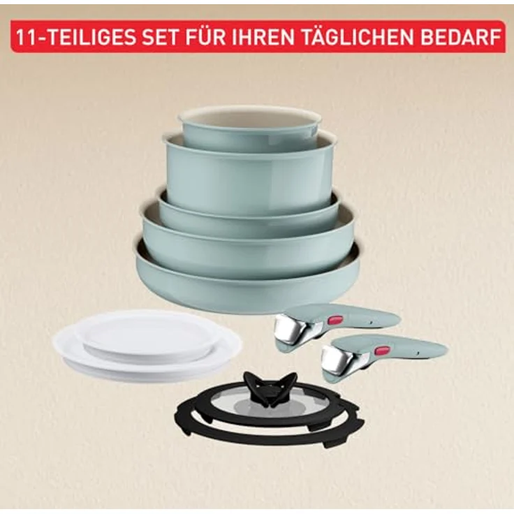 Tefal Ingenio Serenity Kochgeschirr-Set 11-teilig, Mineralia Antihaftversiegelung, platzsparend, stapelbar, für alle Herdarten, spülmaschinengeeignet, Eucalyptus, L828SB04 – Bild 8