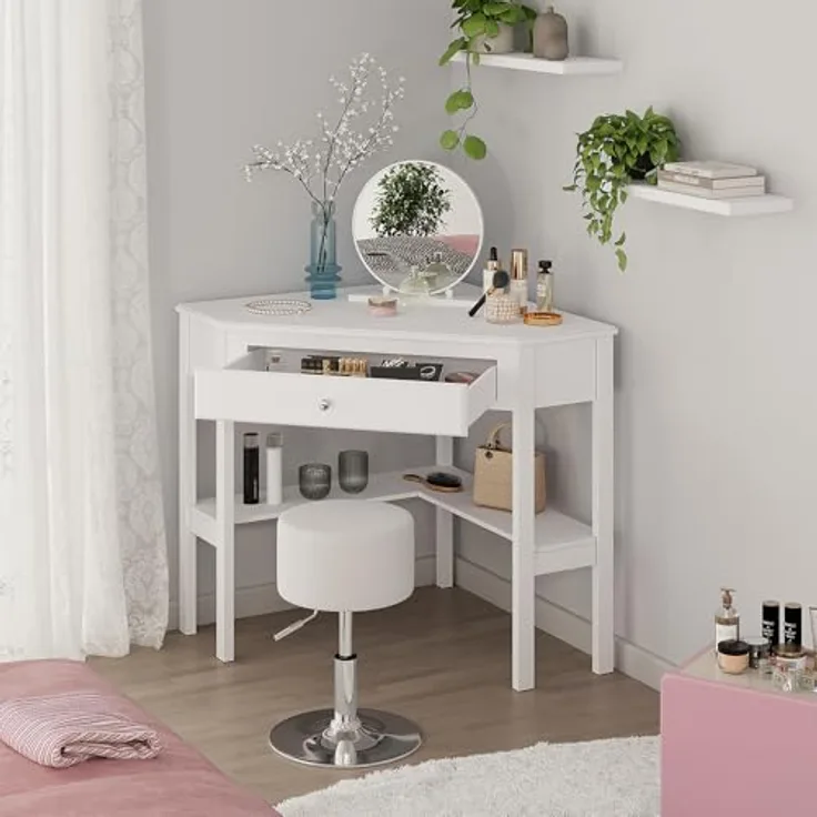 Vichy Eckschminktisch Velto, Weiss, mit Schublade und offenem Regal, 75 x 76.8 cm