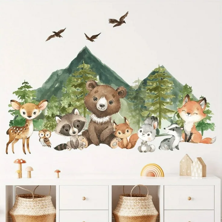 Montegoni Wandsticker Kinder Tier Wandaufkleber Dekoration (lächelndes Gesicht Bär, Hirsch, Fuchs,Baum, Bergtier Wandaufkleber), Wandtattoo mit Waldtieren für Schlafzimmer,Kinderzimmer