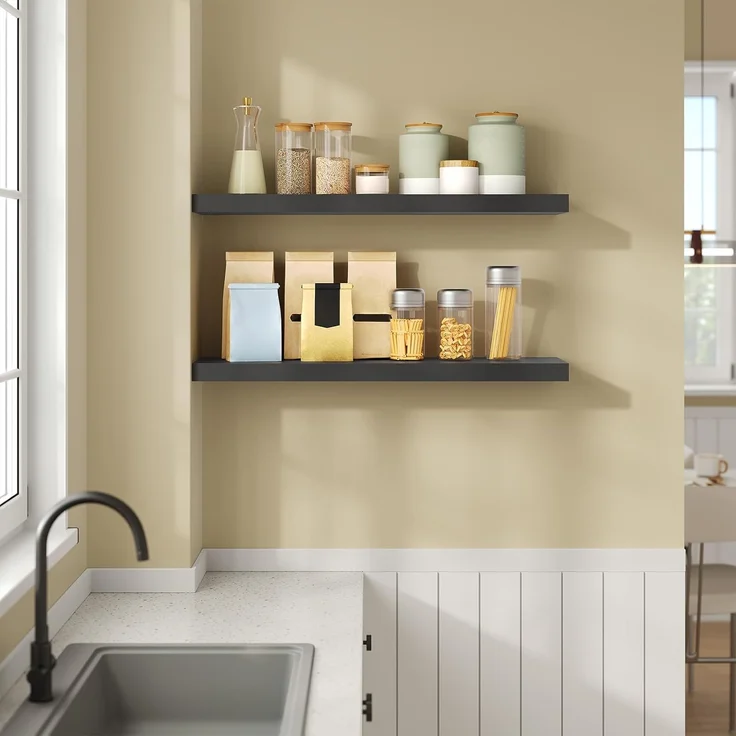 eSituro Wandregal, schwebendes Regal für Wandmontage, Schweberegal Hängeregal Wandbrett im Wohnzimmer Schlafzimmer Küche Badezimmer, glattes Schwarz, MDF, 80 x 3,8 x 22,9 cm – Bild 5