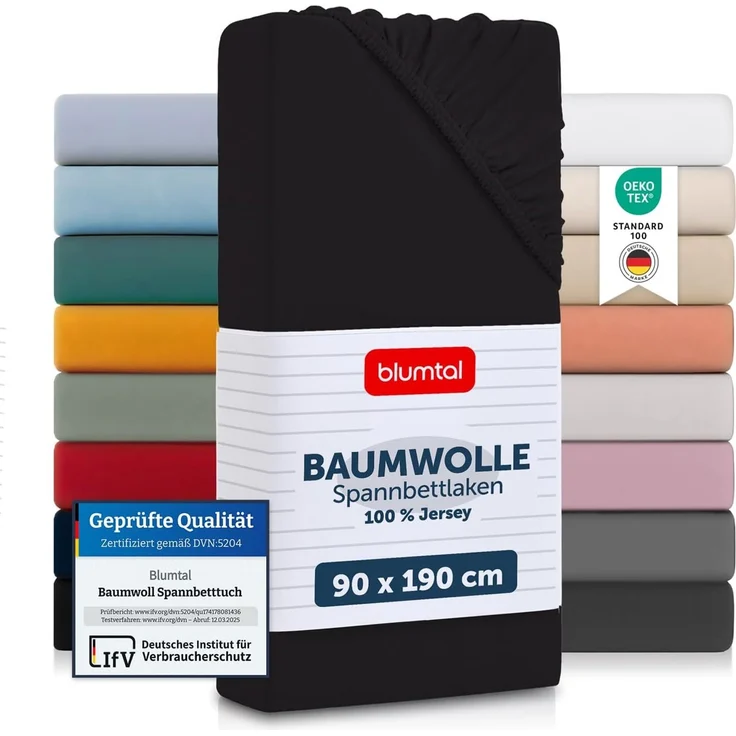 Blumtal® Baumwolle Spannbettlaken 90x190 cm Basics Jersey - Bettlaken 90x190 cm - Oeko-TEX zertifiziertes Spannbetttuch 90x190 cm - Matratzenbezug 90x190 cm - Leintuch - Bettbezug - Schwarz – Bild 1