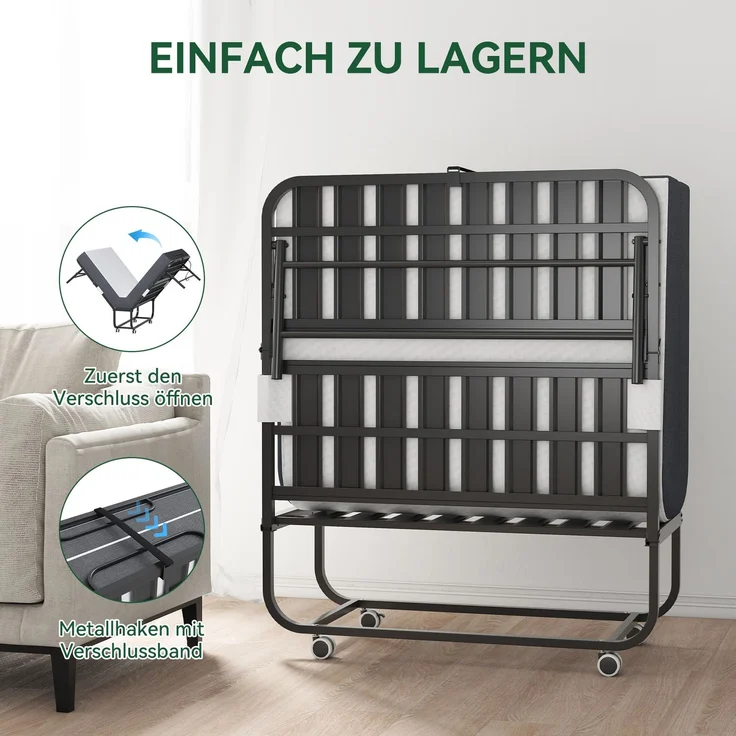 190 × 96 cm Klapp-Twin-Bett mit 9,5 cm Memory-Foam-Matratze, tragbares Gästebett/Rollbett, stabiler Metallrahmen--Schwarz--190x96x43cm--YOUDENOVA – Bild 4