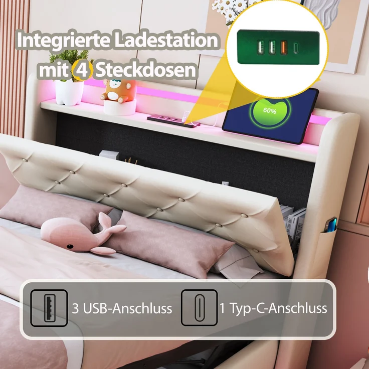 Polsterbett 90x200 cm aus Leinenstoff mit Stauraum und LED-Beleuchtung, ohne Matratze – Bild 6