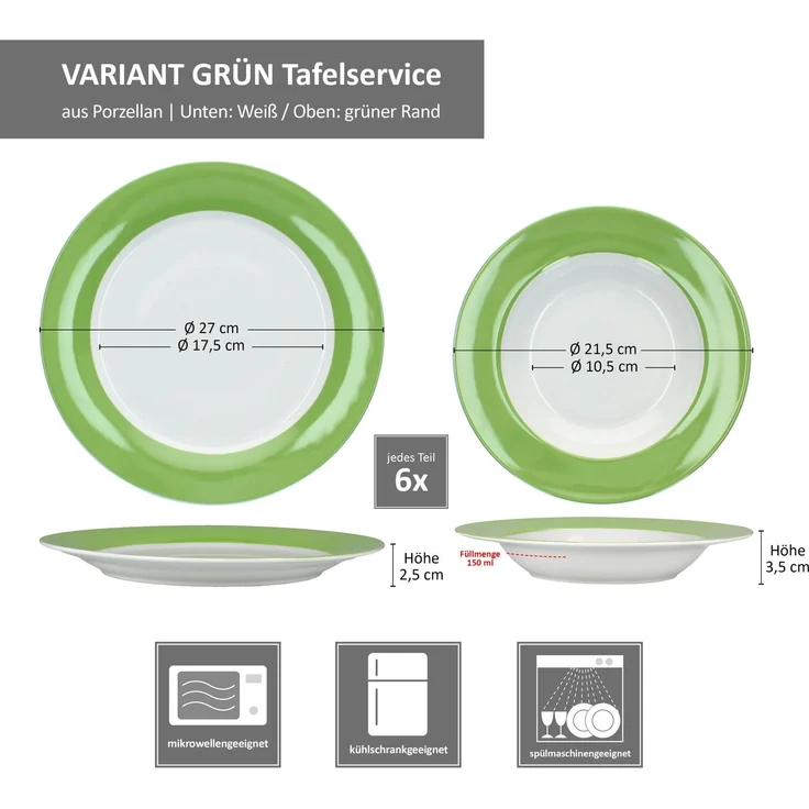 12tlg Tafelservice Variant Grün Porzellan 6 Personen Speiseteller Suppenteller – Bild 6