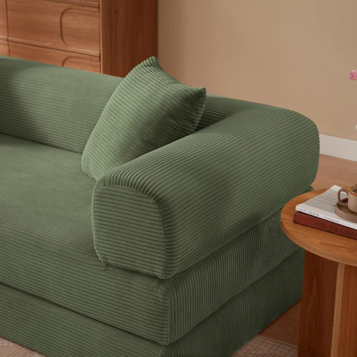 3-Sitzer Cord-Schlafsofa mit Blockboden, umwandelbar in ein flaches Bett, komprimiert verpackt, vollständig mit hochdichtem Schaumstoff gepolstert, keine Montage erforderlich, maximale Belastung 300 kg--Grün--189x89x59cm--YOUDENOVA – Bild 5