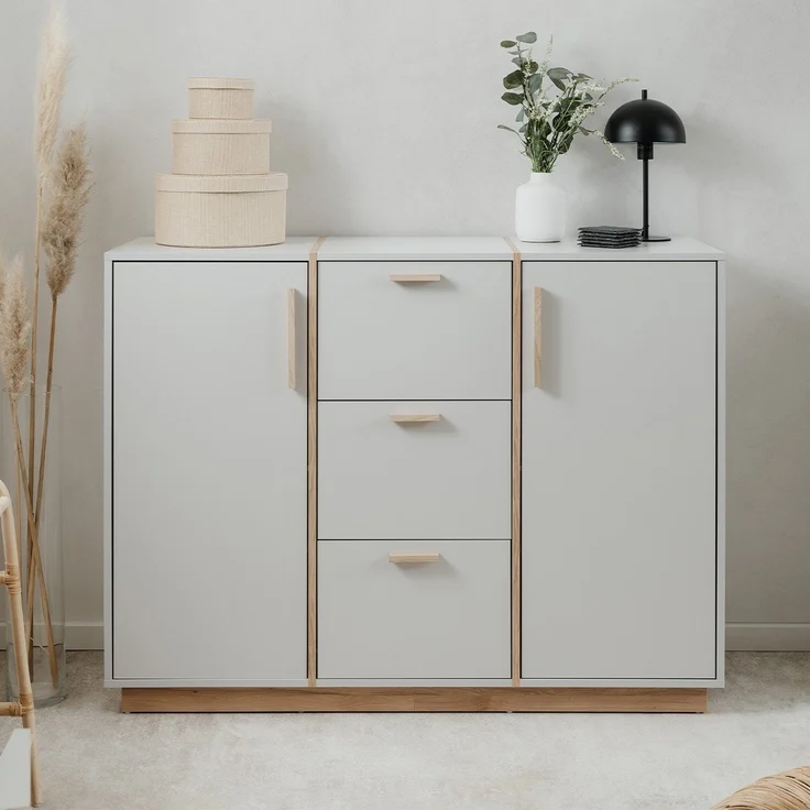 Calicosy Sideboard 2 Türen und 3 Schubladen Dekor Weiß und Holz B125 cm - SPLIT - Weiß – Bild 2