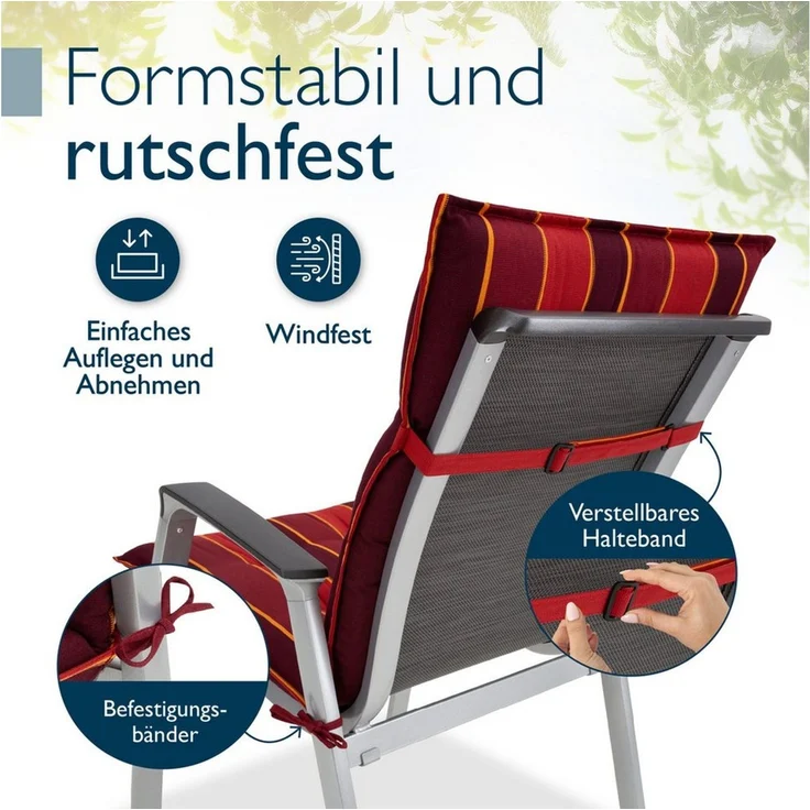 Beautissu Sitzauflage 2er Set Niedriglehner Auflage Sun-NL 100 x 50 x 8 cm Rot-Gestreift, 8cm Dicke Gartenstuhlauflage mit Befestigung UV-Lichtechtheit 5 – Bild 4