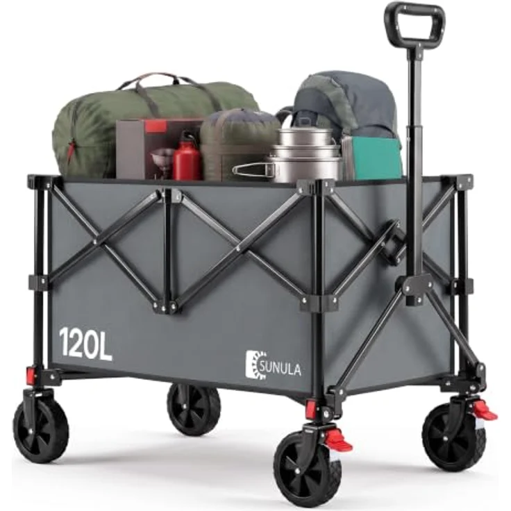 SUNULA Bollerwagen Faltbar Transportwagen, grau, 120 L / 80 KG Klappbar, 4-seitig zusammenfaltbar für Sport, Garten, Einkaufen, Camping – Bild 1